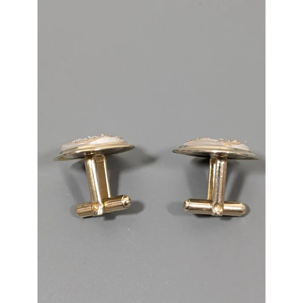 Vintage White Glass Ornate Gold Tone‎ Square Cufflinks
